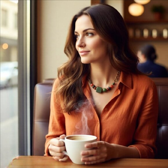 Handmade Asymmetrical Choker! Semi-Precious Stone Beads + Copper! Fall Colors! - Picture 6 of 15